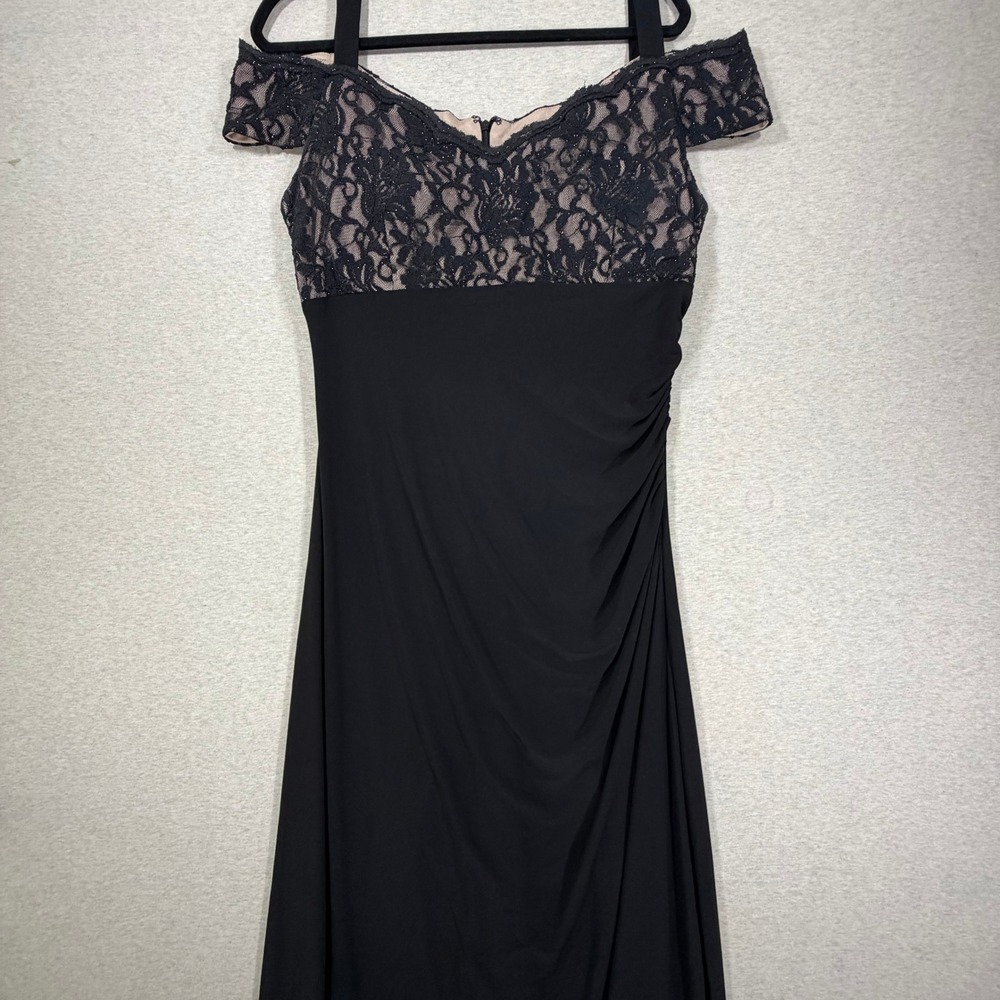 R&M Richards Formal Gown Women 14 Black Lace Ruched Off Shoulder Maxi